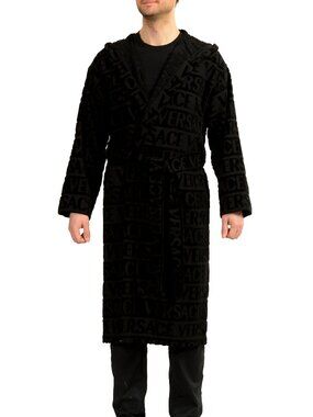 Versace Unisex Black Crystal 100% Cotton Hooded Belted Bathrobe Size S